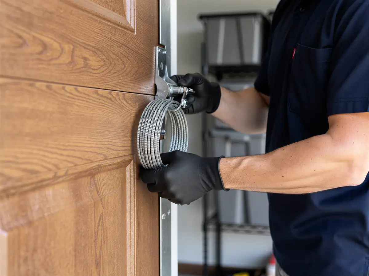 A technician wearing black gloves holds a coiled garage door cable next to a brown garage door.