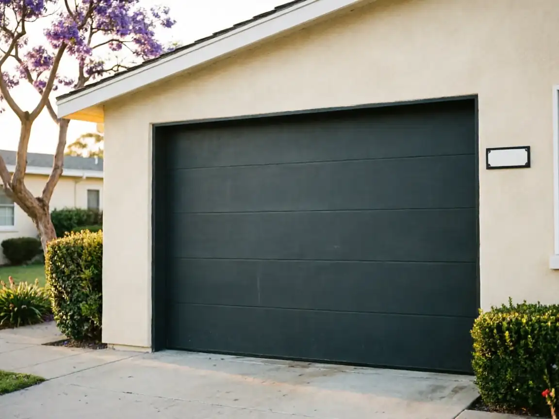 The house has a dark gray garage door and light beige stucco walls.