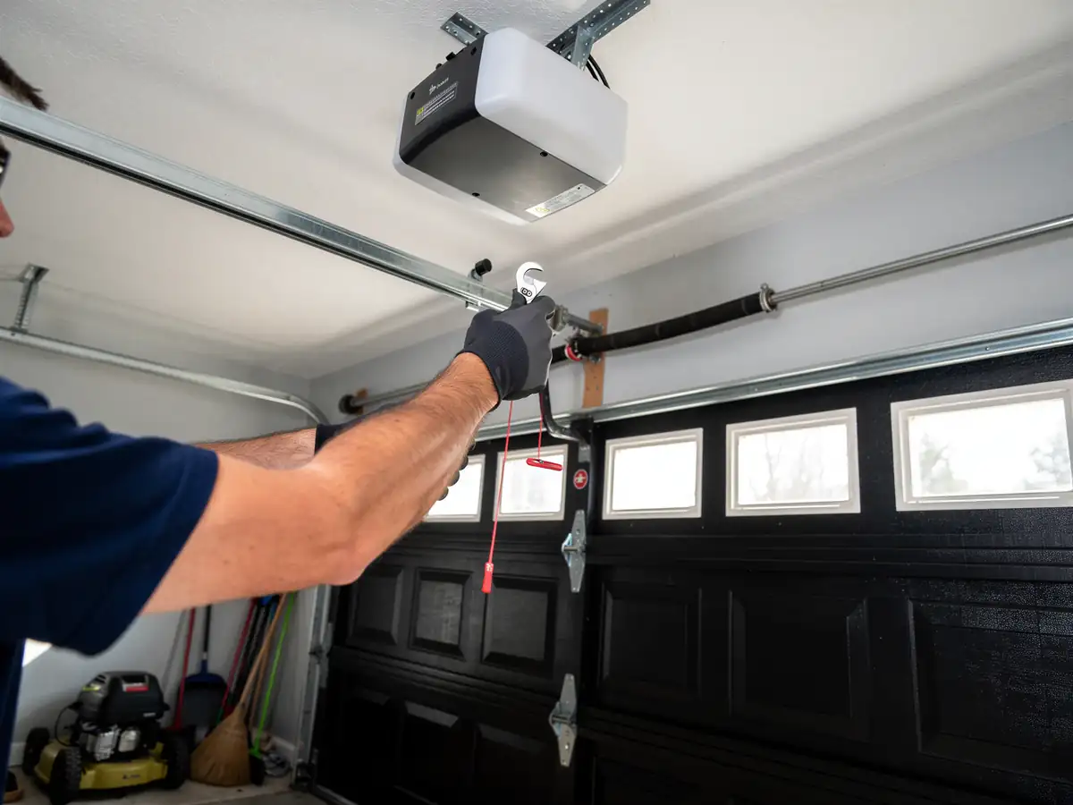 A technician adjusts a garage door torsion spring with a wrench.