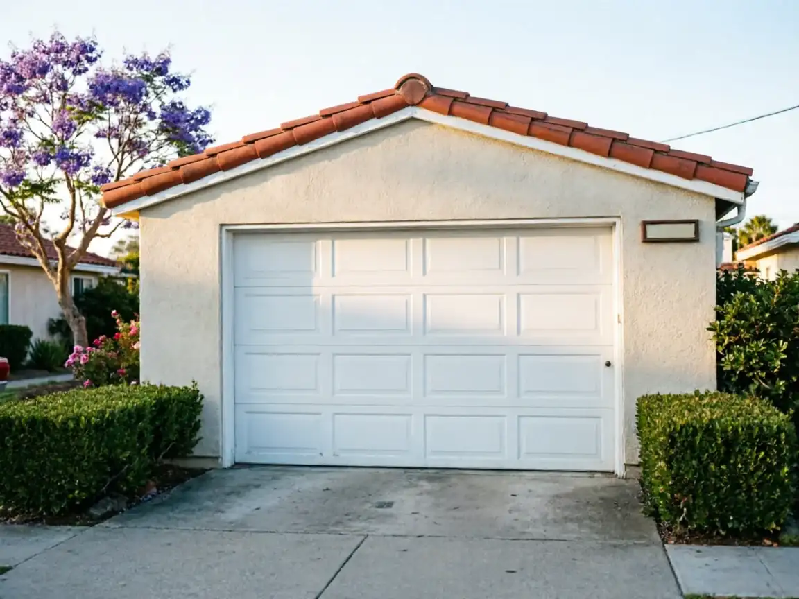 The white garage door is on a stucco garage with a red tile roof.