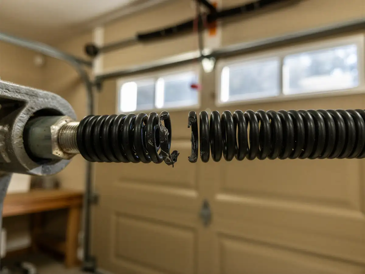 A broken black torsion spring is visible against a tan garage door.